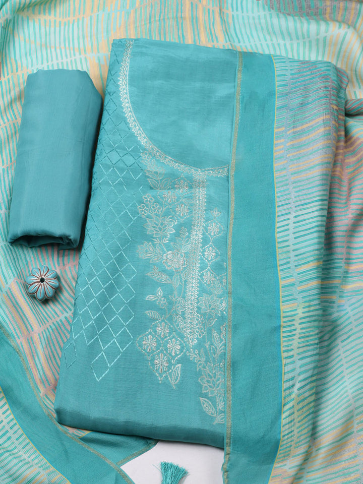 Embroidered Art Silk Unstitched Suit With Pant &amp; Dupatta