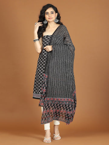 Printed Cotton Blend Unstitched Suit With Dupatta