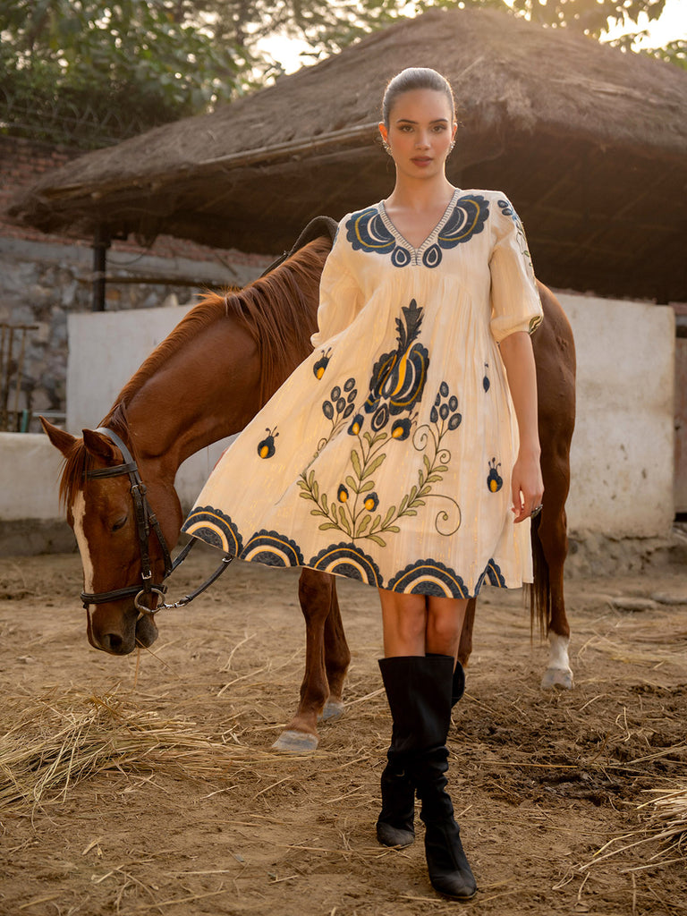 Resham Embroidered Cotton Blend Dress – mbz.in