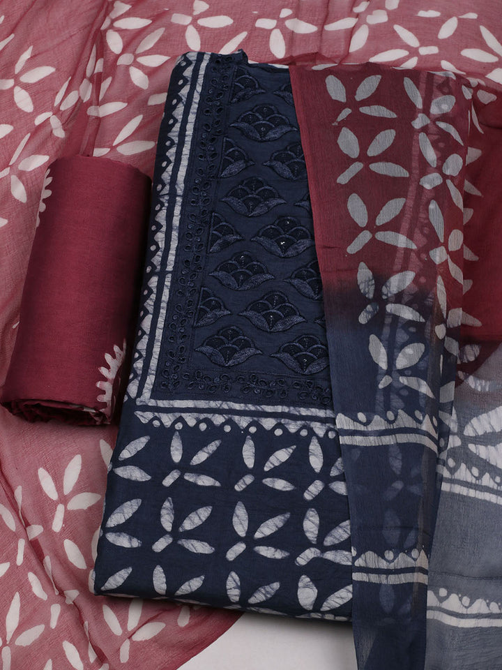 Printed Cotton Blend Unstitched Suit With Dupatta