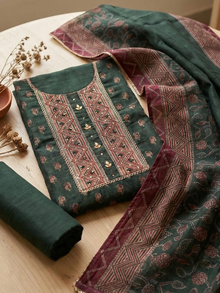 Printed Chanderi Unstitched Suit With Pant &amp; Dupatta