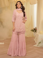 Embroidered Geogrette Kurta With Sharara & Dupatta