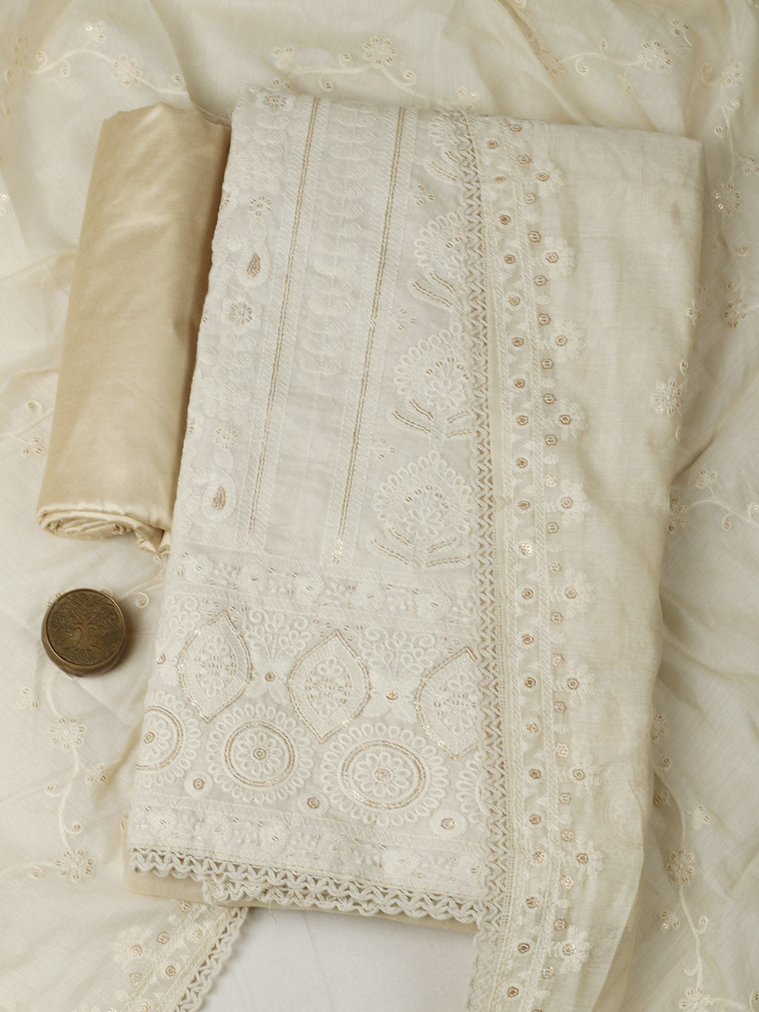 Embroidered Chanderi Unstitched Suit With Pant &amp; Dupatta