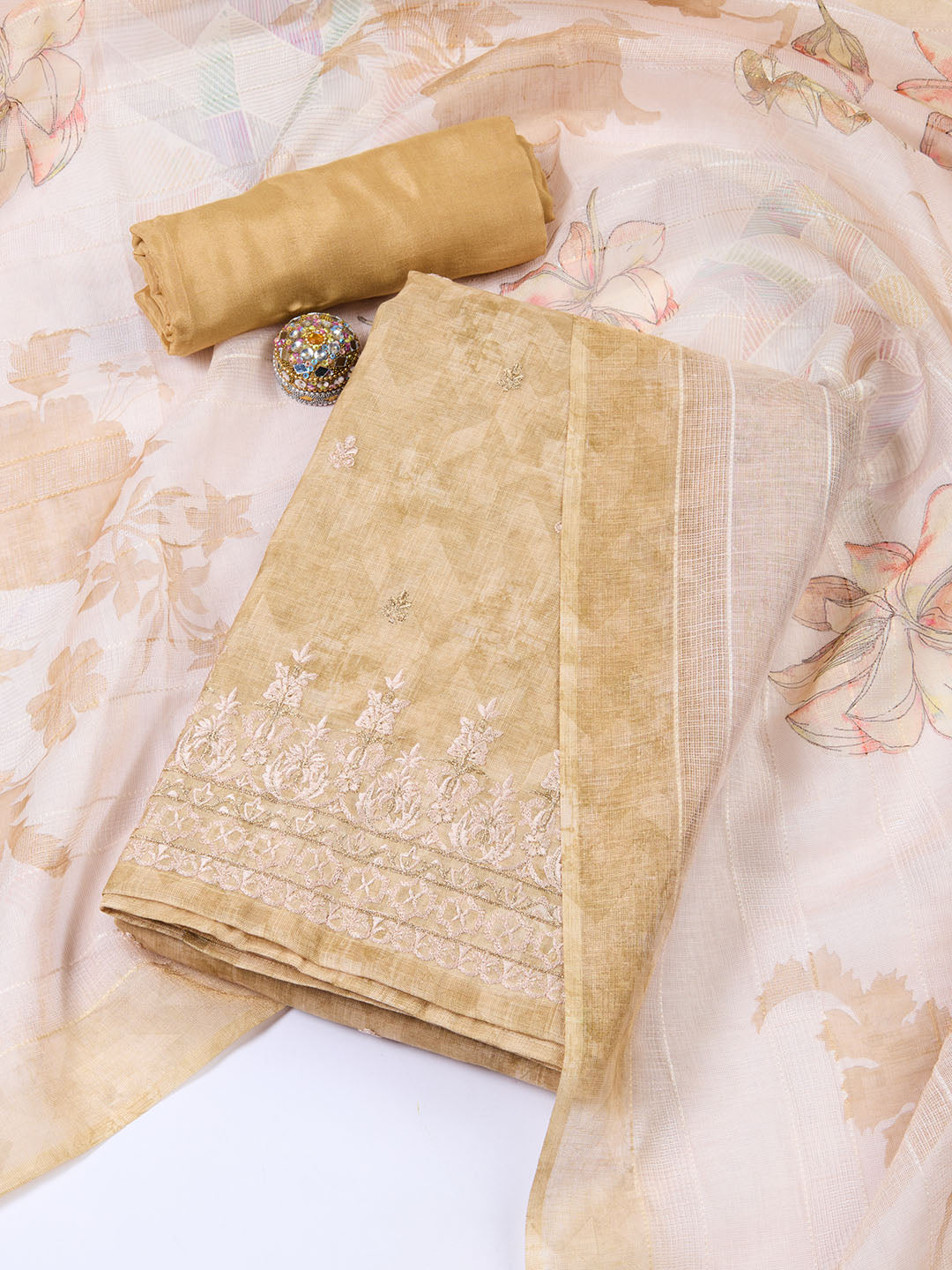 Neck Embroidered Cotton Blend Unstitched Suit With Dupatta