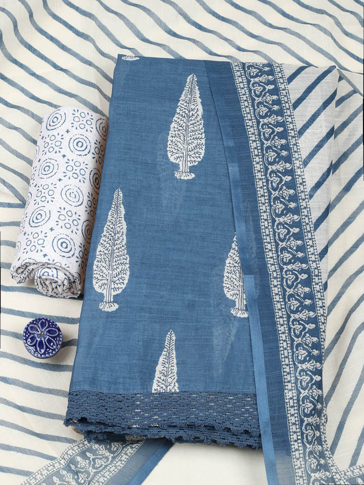 Printed Cotton Blend Unstitched Suit With Pant &amp; Dupatta