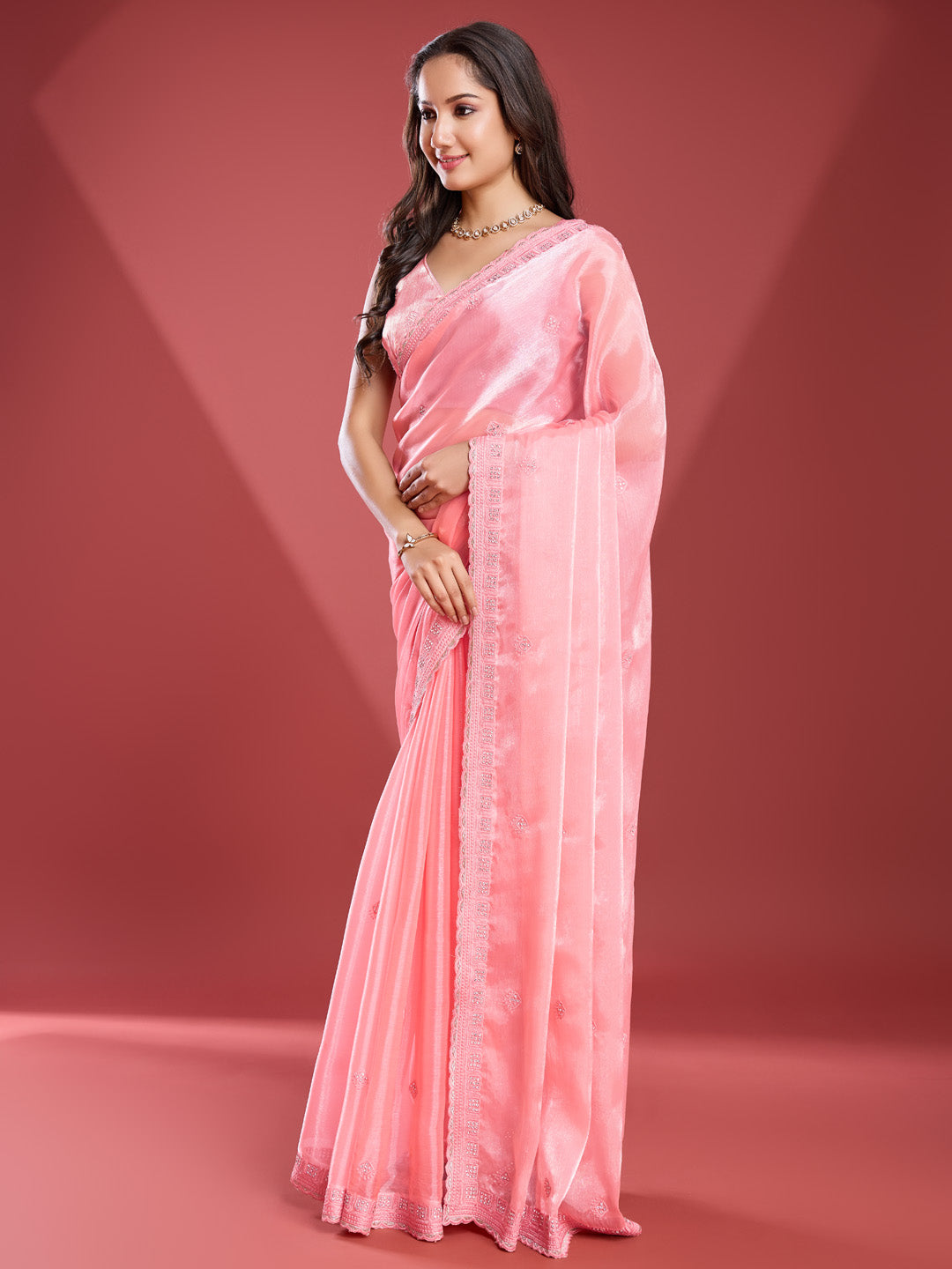 Embroidered Chinon Saree