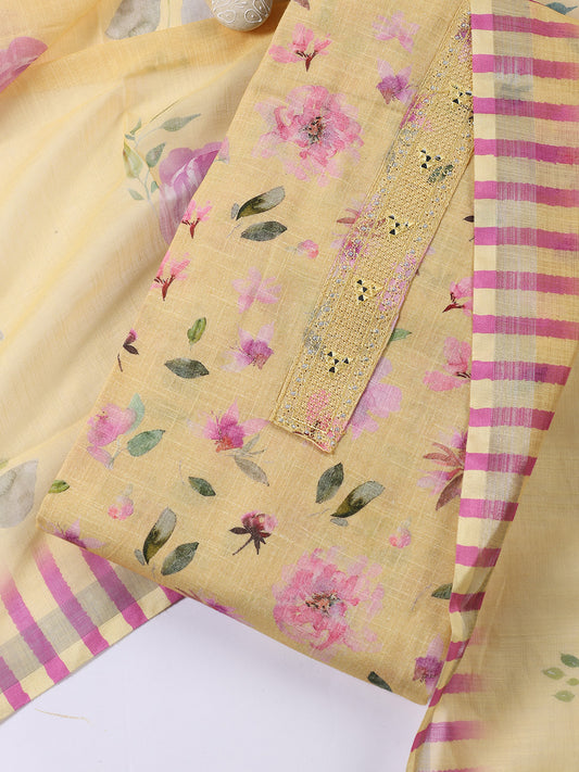 Floral Printed Linen Unstitched Suit With Dupatta