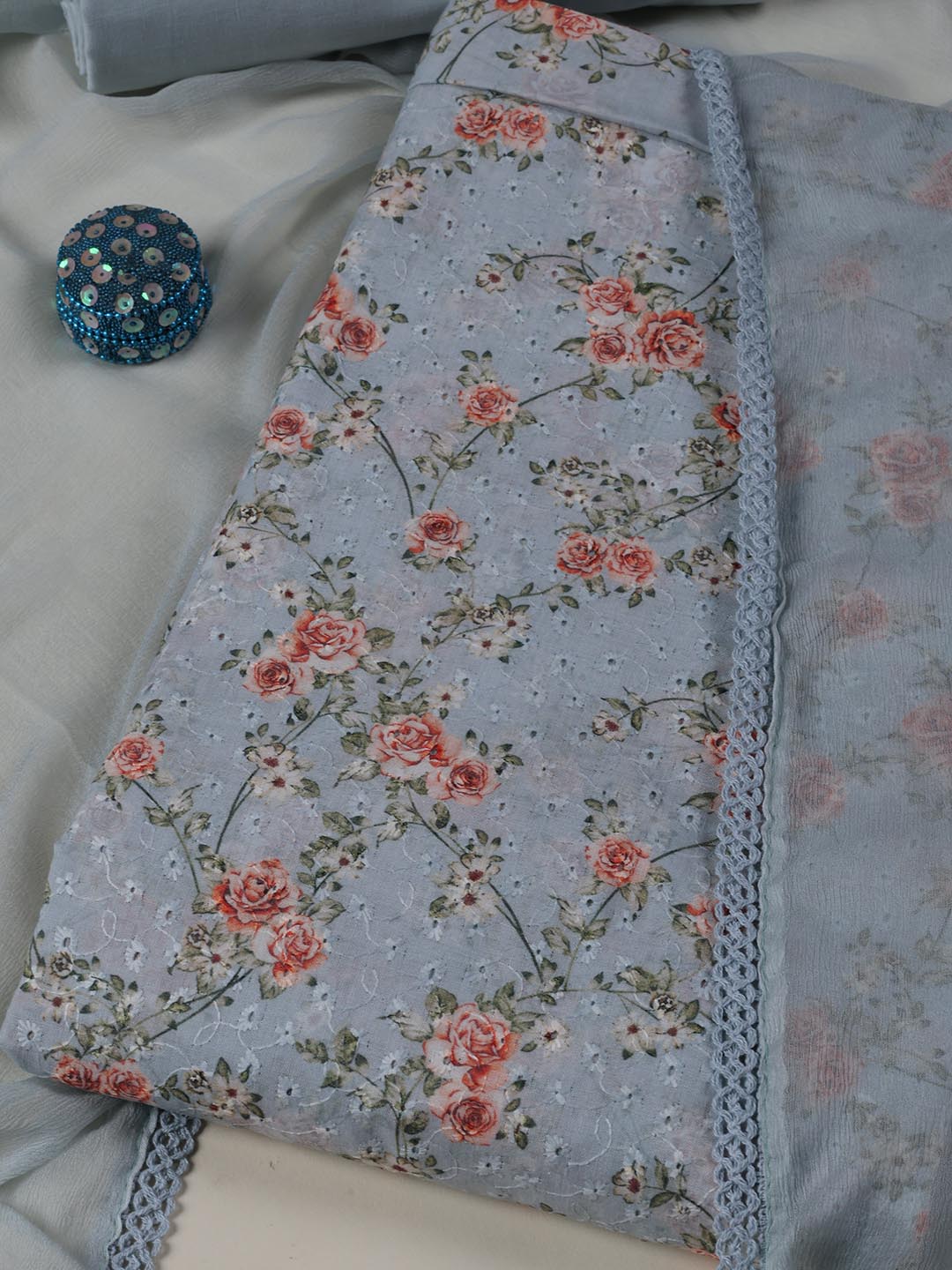 Schiffli Printed Cotton Blend Unstitched Suit Piece With Dupatta
