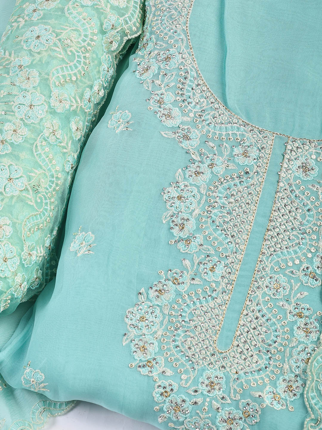 Embroidered Chanderi Unstitched Suit Piece With Dupatta