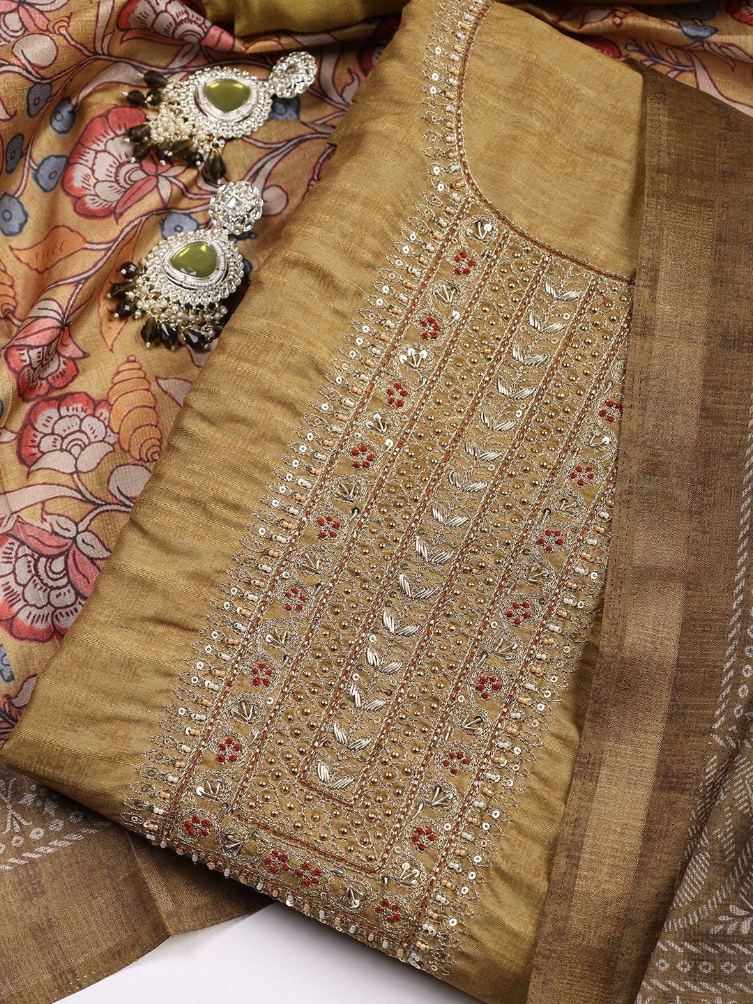 Neck Embroidered Tissue Unstitched Suit With Dupatta