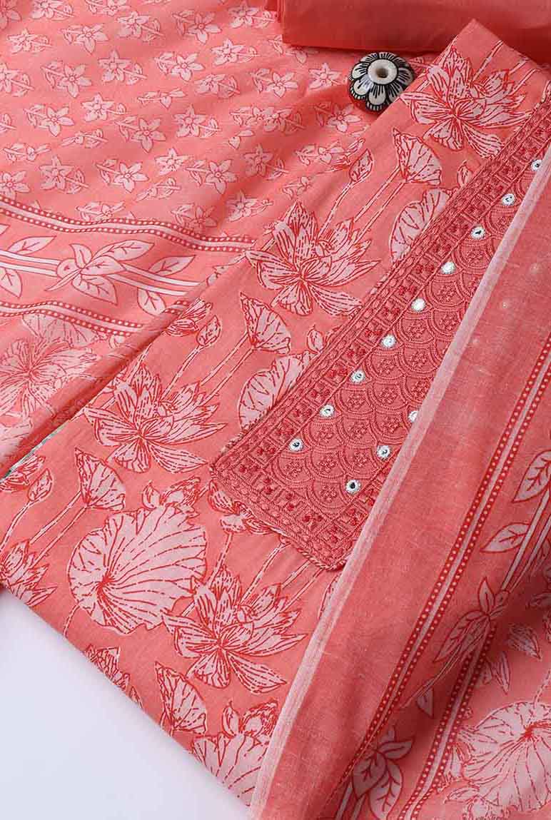 Neck Woek Cotton Blend Unstitched Suit With Dupatta