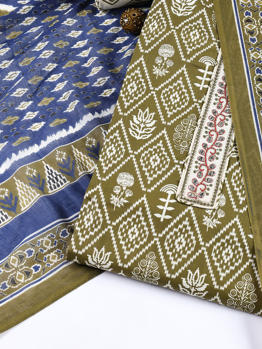 Neck Patti Cotton Blend Unstitched Suit With Dupatta