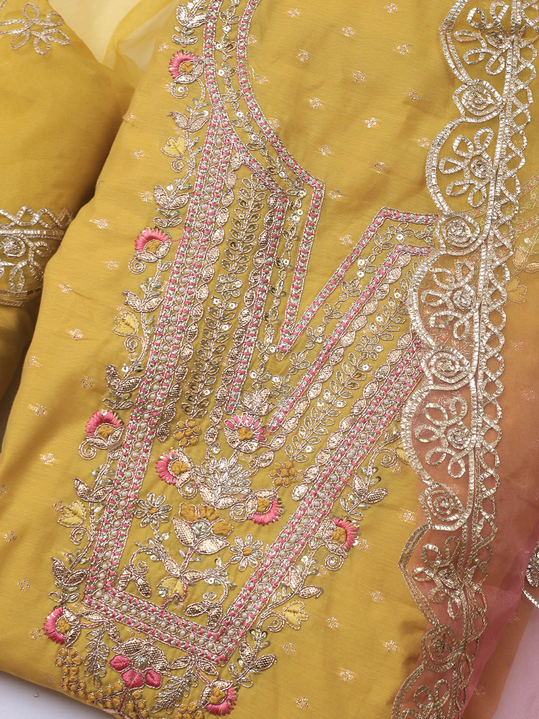 Neck Embroidery Chanderi Unstitched Suit With Dupatta