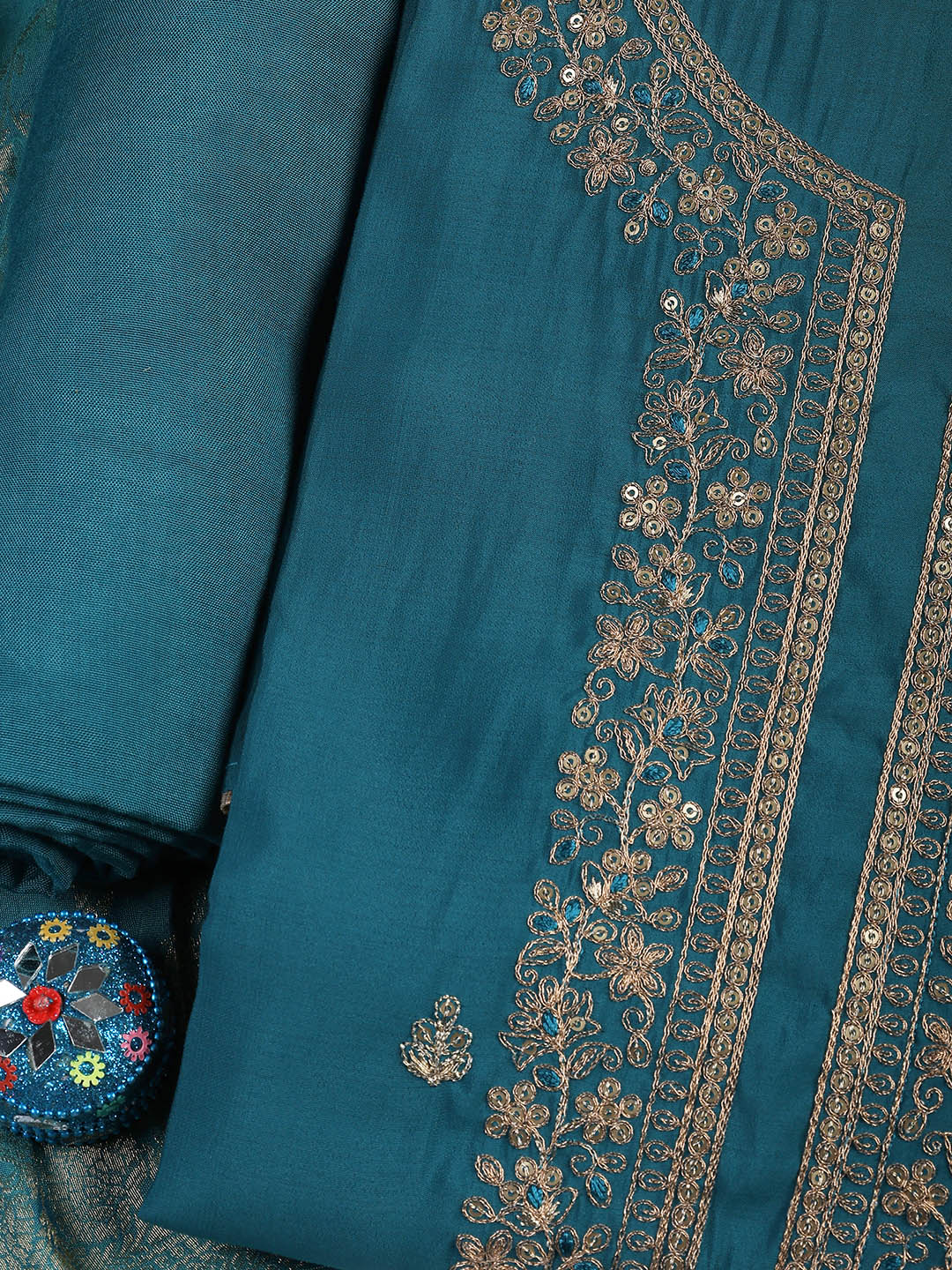Embroidered Chanderi Unstitched Suit Piece With Dupatta