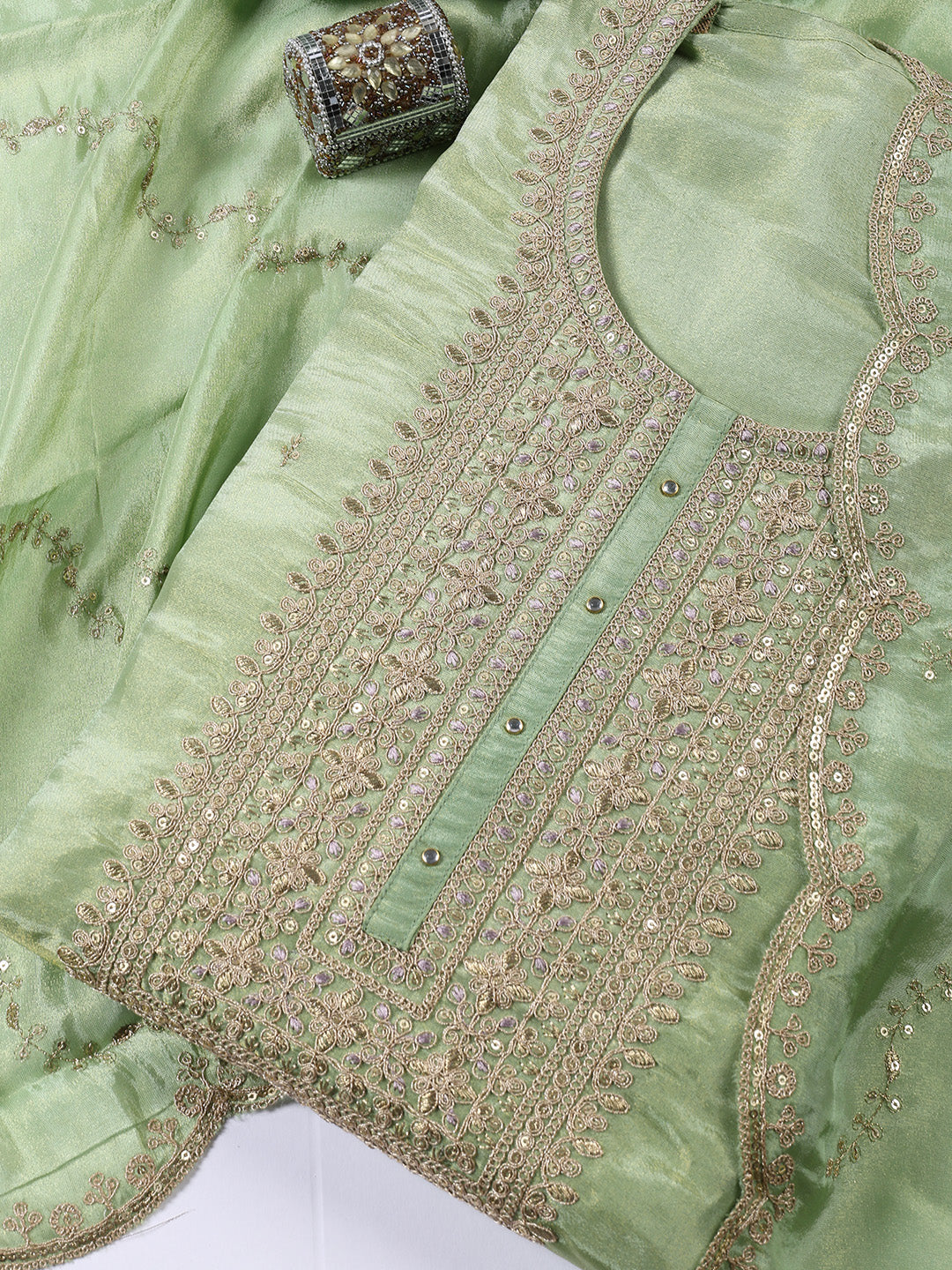 Neck Embroidered Tissue Unstitched Suit With Dupatta