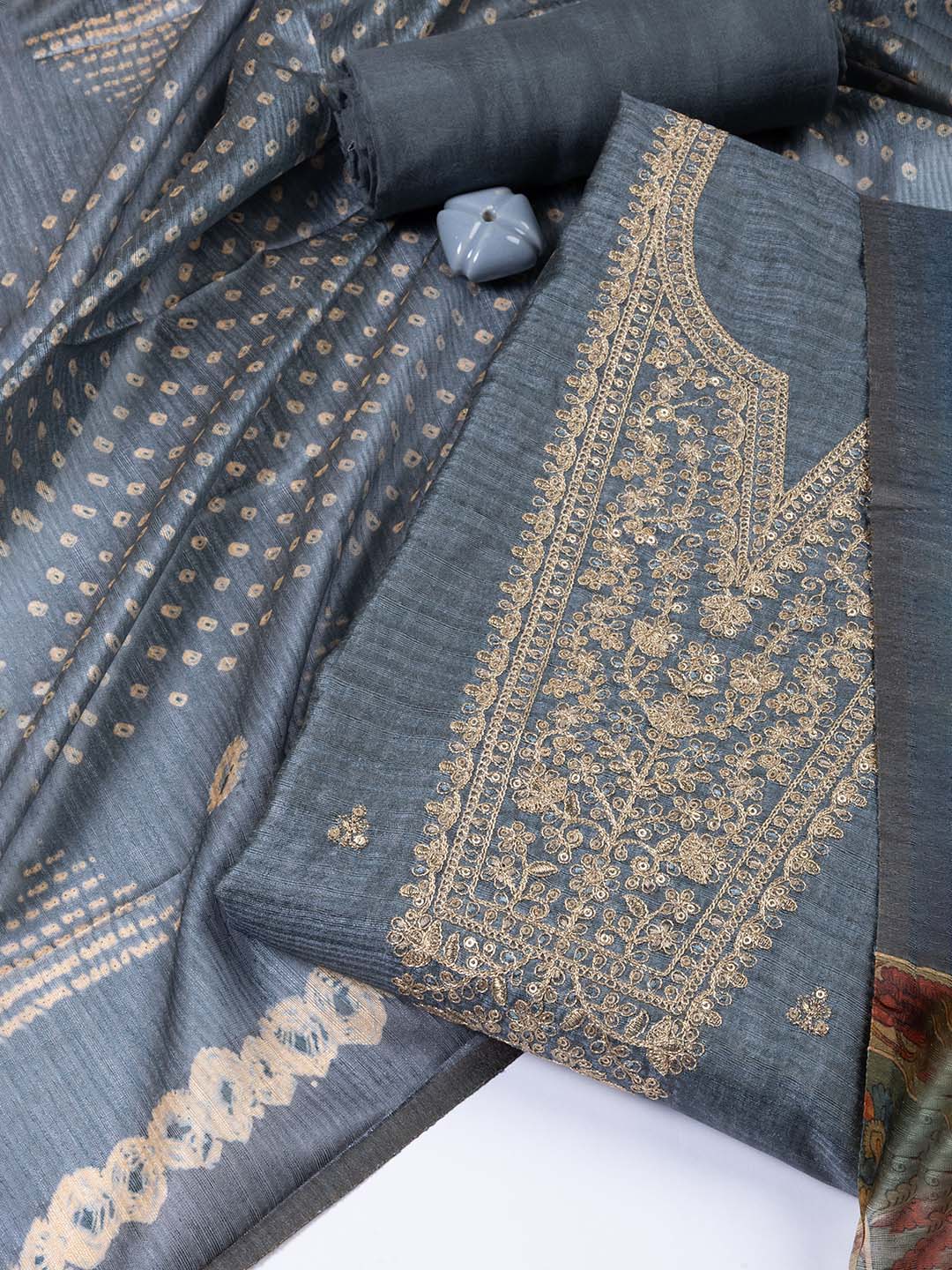 Neck Embroidered Tussar Unstitched Suit Piece With Dupatta