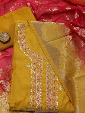 Neck Embroidery Chanderi Unstitched Suit Piece With Dupatta