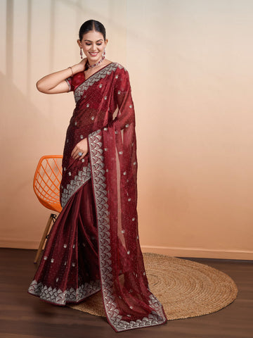 Stone Embroidery Organza Handloom Saree