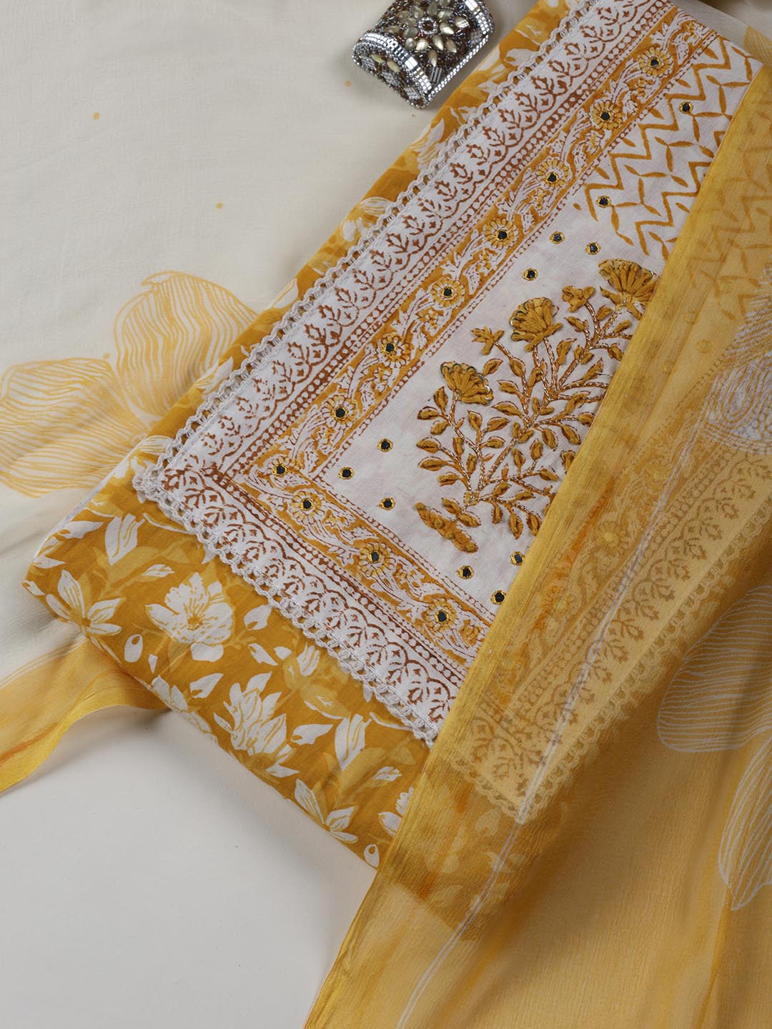 Printed Cotton Blend Unstitched Suit Piece With Dupatta