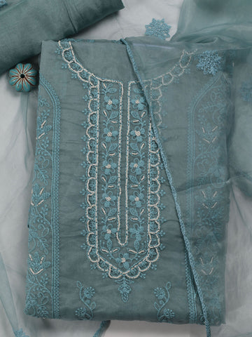 Neck Embroidered Organza Unstitched Suit With Dupatta