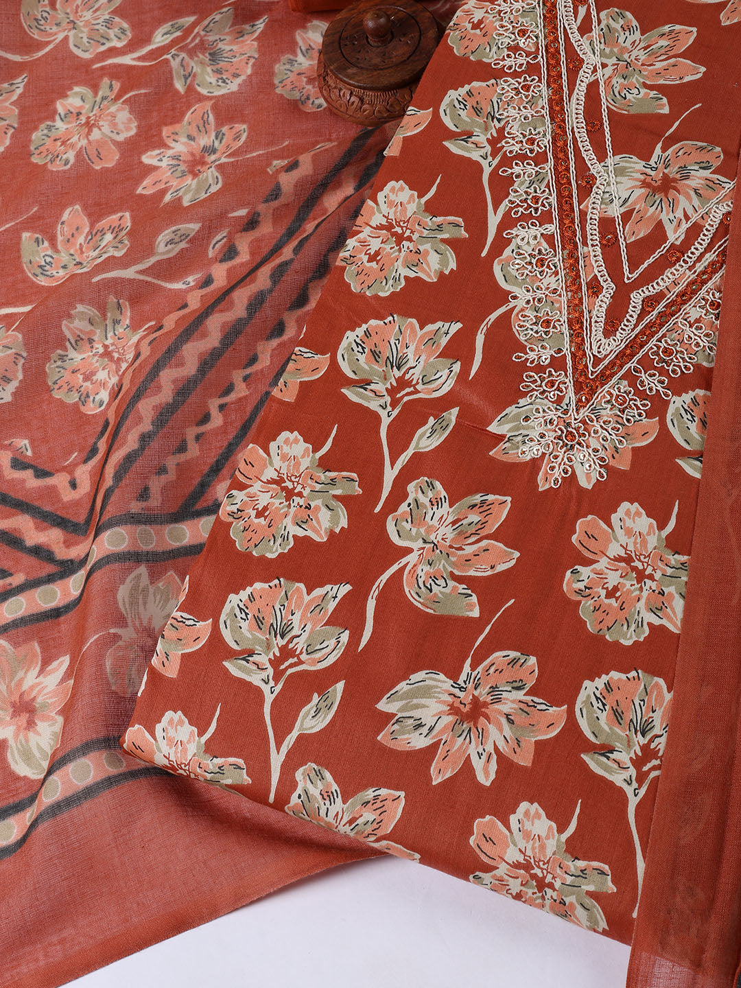 Printed Cotton Blend Unstitched Suit With Dupatta