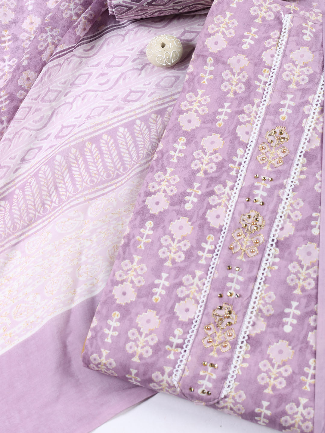 Neck Patti Cotton Blend Unstitched Suit With Dupatta