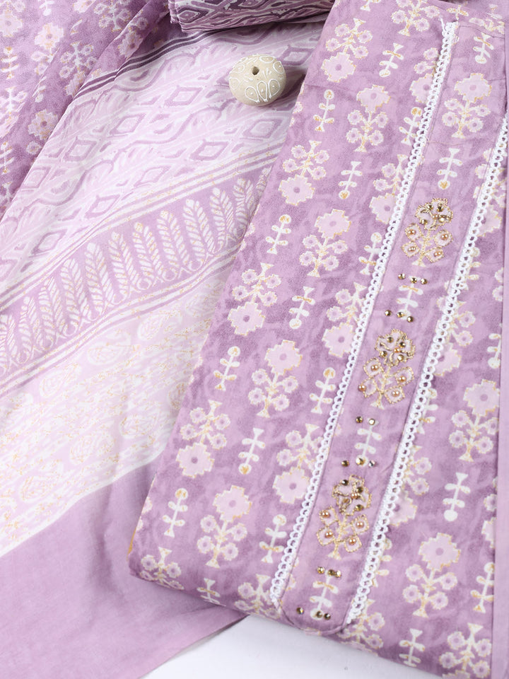 Neck Patti Cotton Blend Unstitched Suit With Dupatta