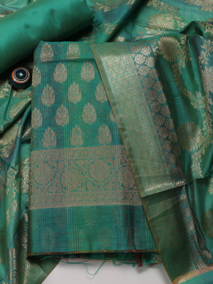 Green Woven Design Chanderi Unstitched Dress Material