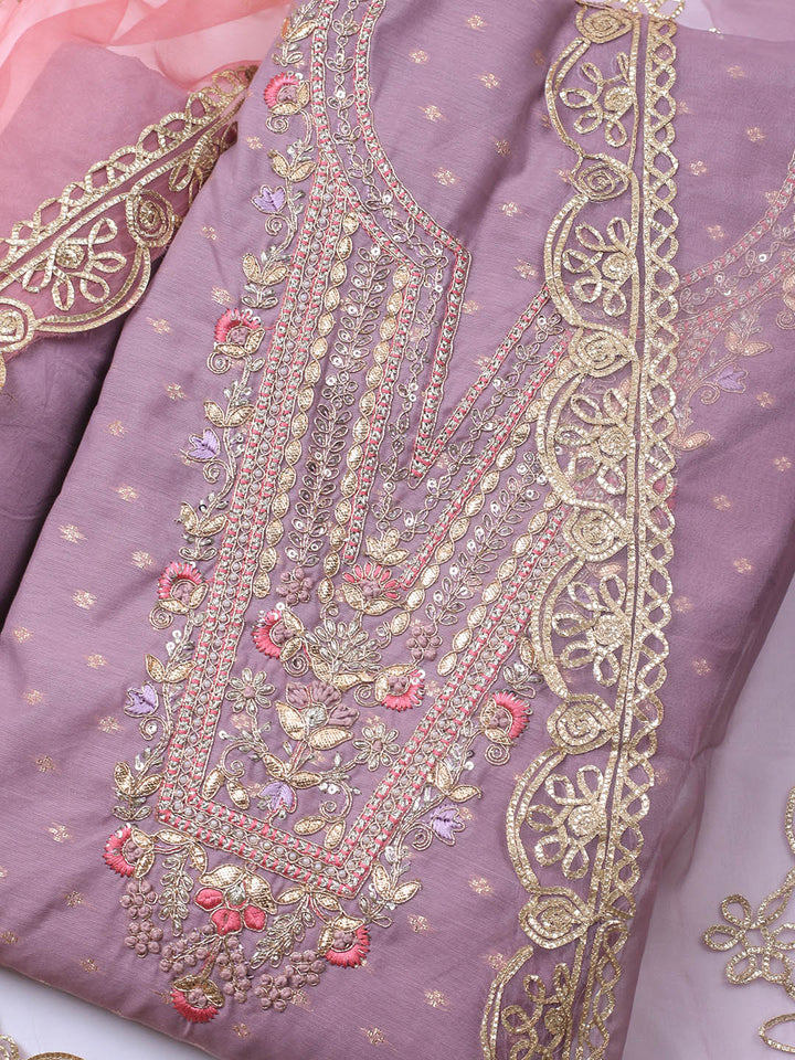 Neck Embroidery Chanderi Unstitched Suit With Dupatta