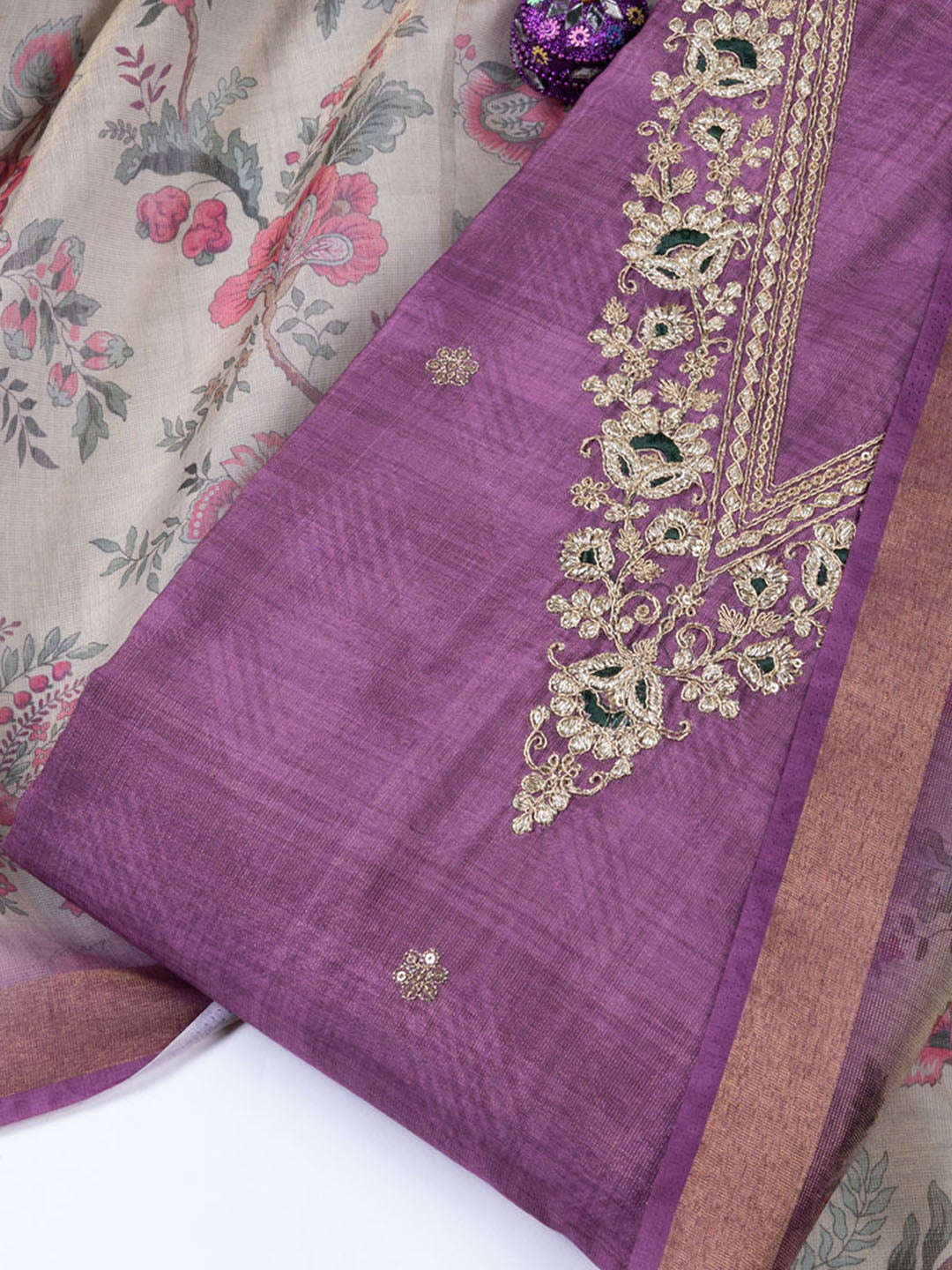 Neck Embroidered Chanderi Unstitched Suit With Dupatta
