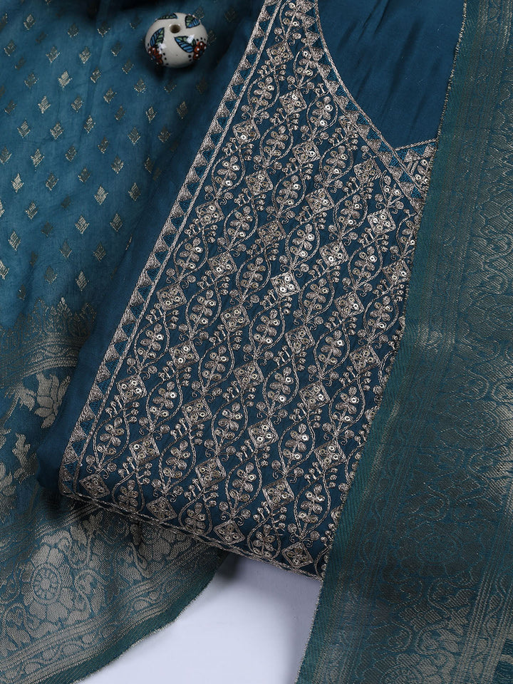 Neck Embroidered Chanderi Unstitched Suit With Dupatta