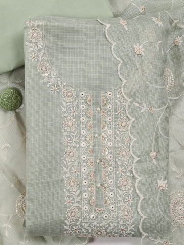 Neck Embroidery Kota Cotton Blend Unstitched Suit With Dupatta