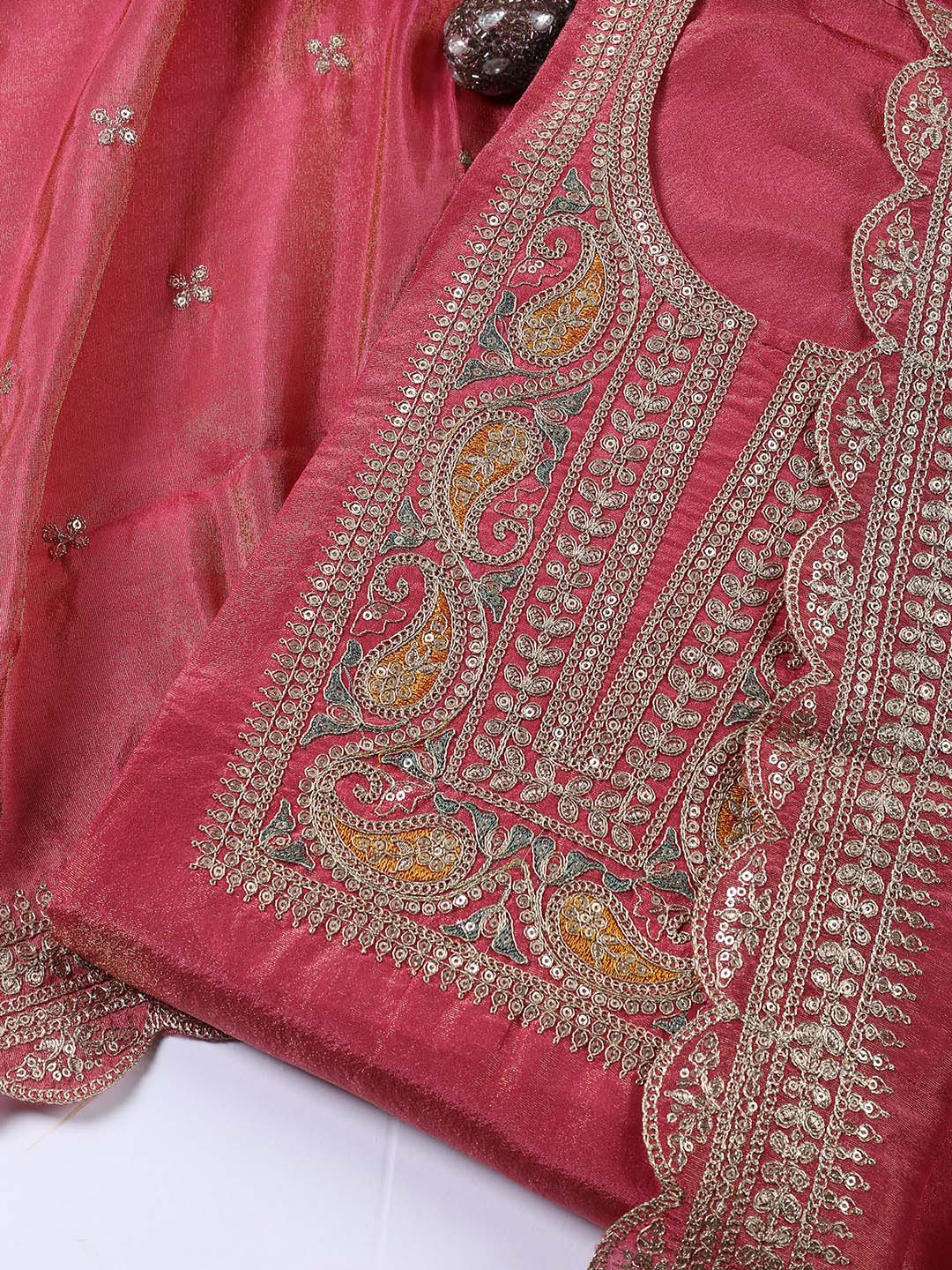 Neck Embroidered Tissue Unstitched Suit With Dupatta