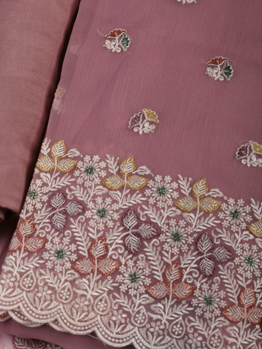 Embroidered Chinnon Unstitched Suit Piece With Dupatta