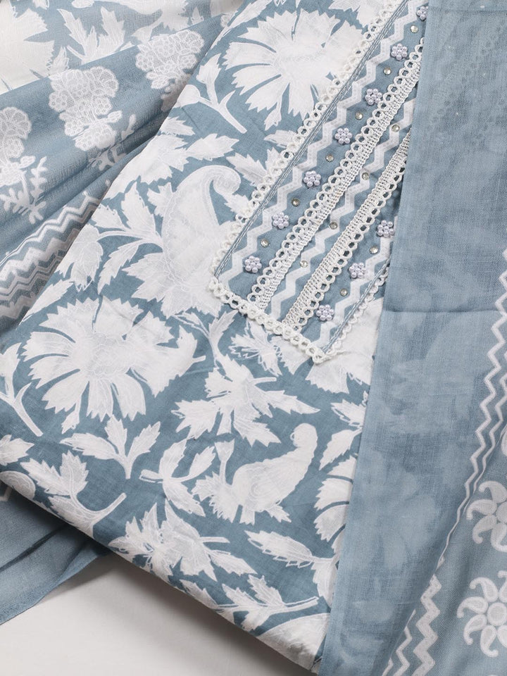 Printed Cotton Blend Unstitched Suit Piece With Dupatta