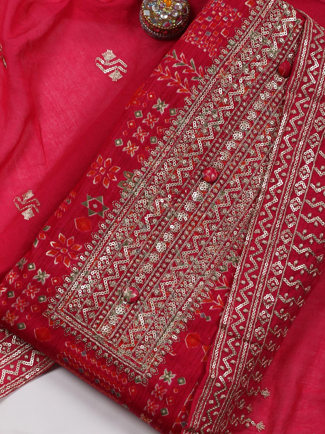 Embroidered Cotton Blend Unstitched Suit Piece With Dupatta