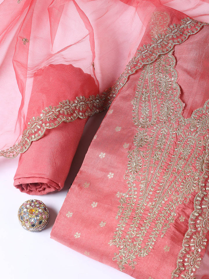Neck Embroidery Chanderi Unstitched Suit With Dupatta