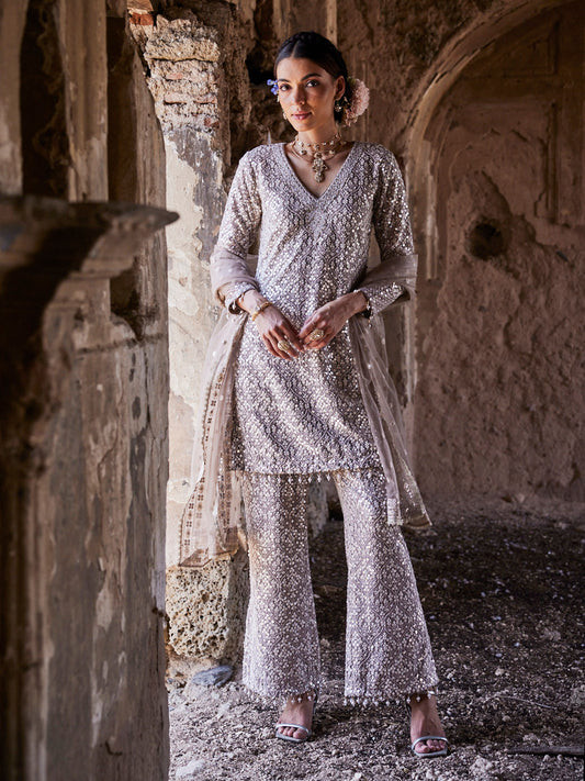 Resham Sequin Embroidery Georgette Kurta With Pants & Dupatta