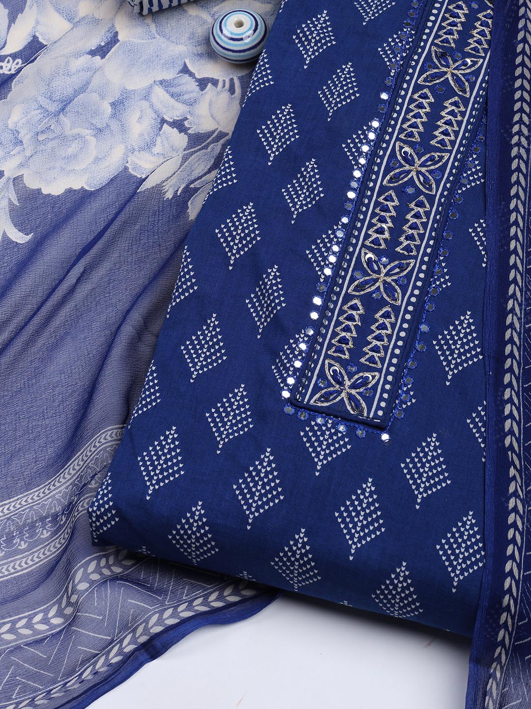 Printed Cotton Blend Unstitched Suit With Dupatta
