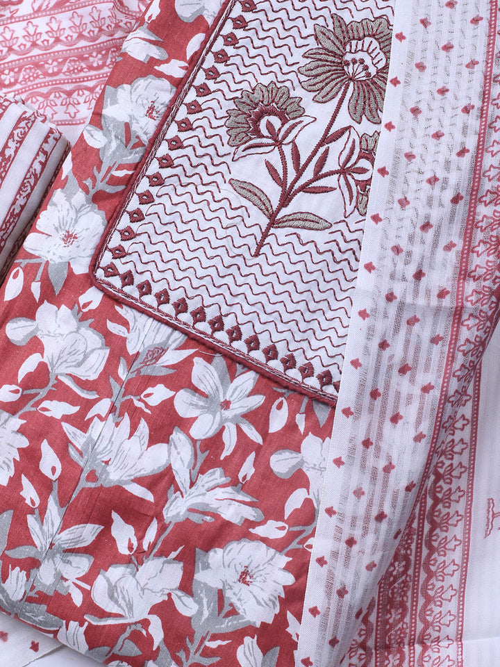 Printed Cotton Blend Unstitched Suit With Dupatta