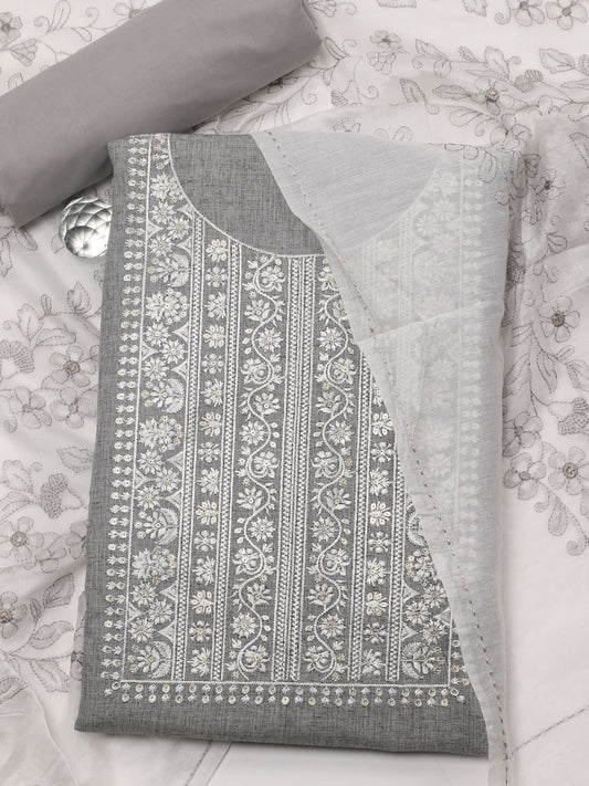 Neck Embroidered Cotton Blend Unstitched Suit Piece With Dupatta