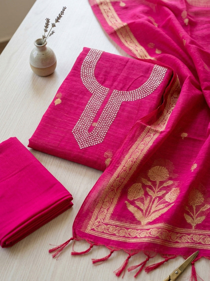 Embroidered Chanderi Unstitched Suit With Pant &amp; Dupatta