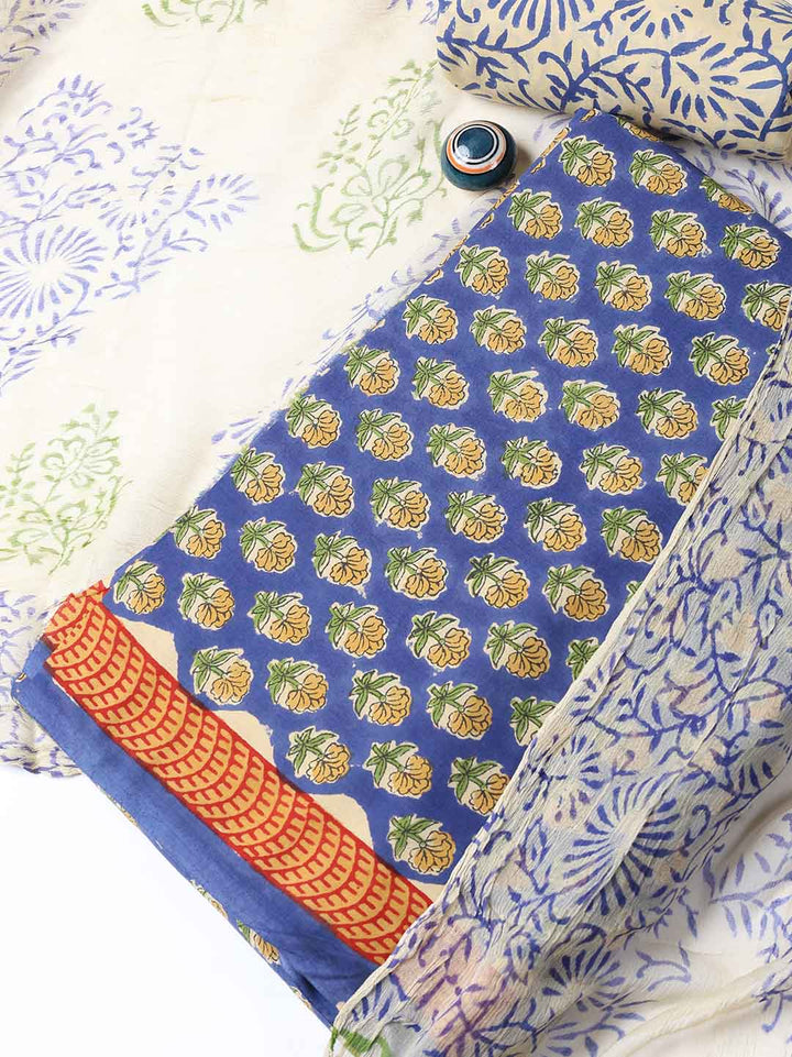 Printed Cotton Blend Unstitched Suit With Dupatta