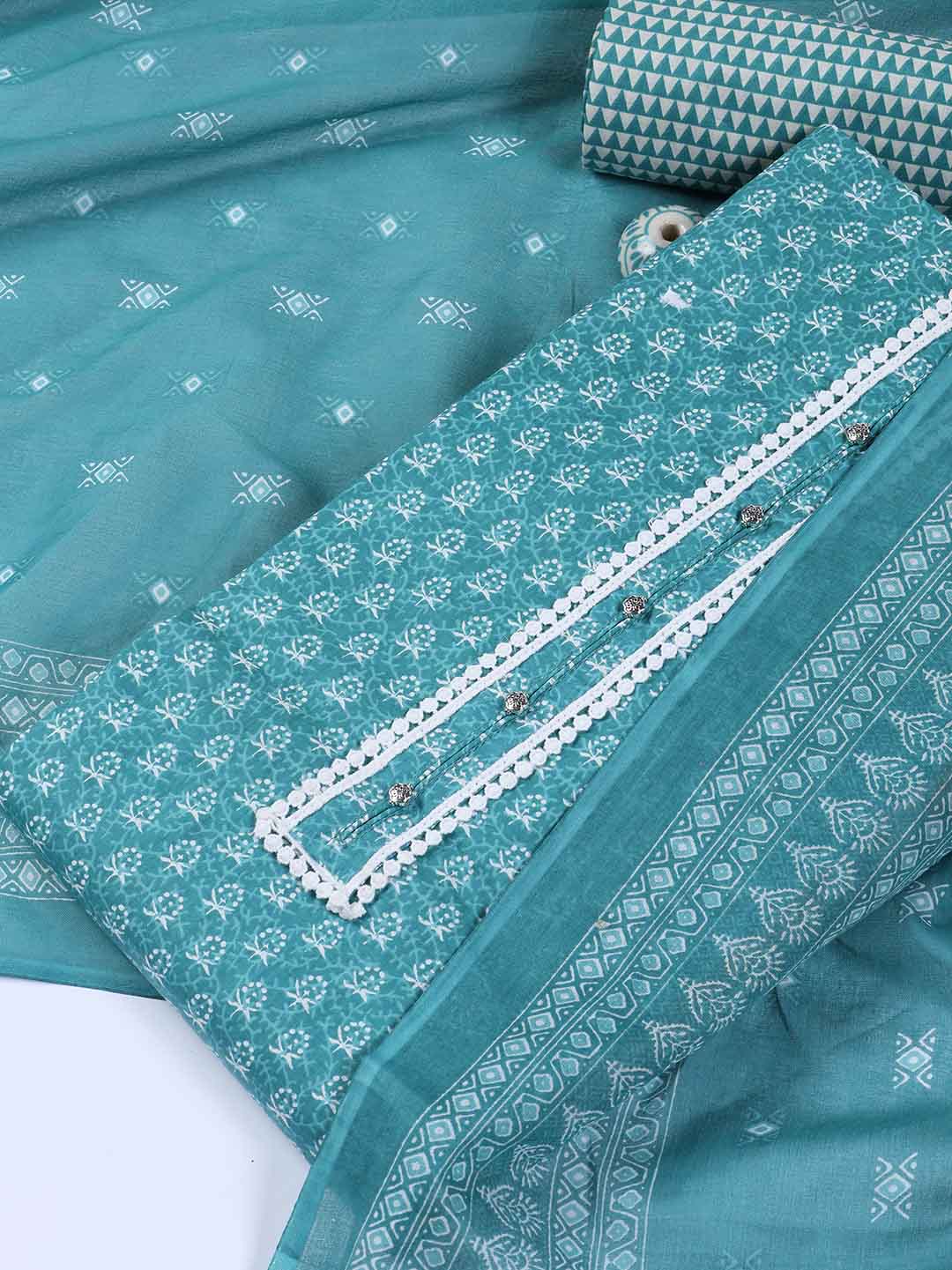Neck Work Cotton Blend Unstitched Suit With Dupatta