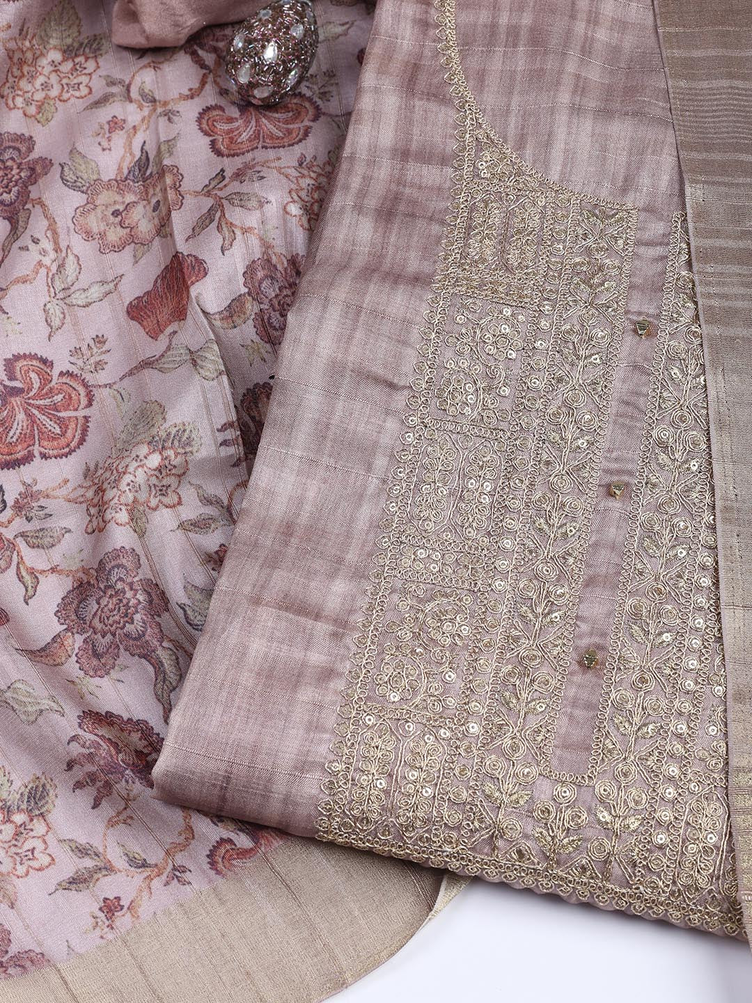 Neck Embroidery Art Tussar Unstitched Suit With Dupatta