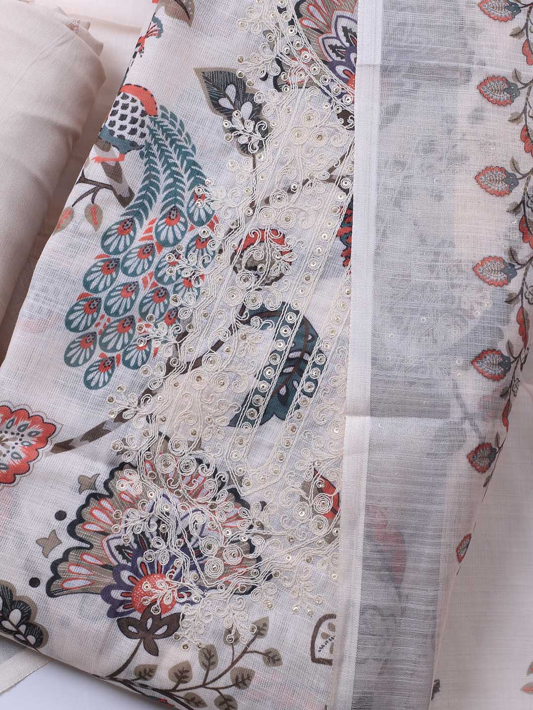 Patch Neck Linen Unstitched Suit Piece With Dupatta