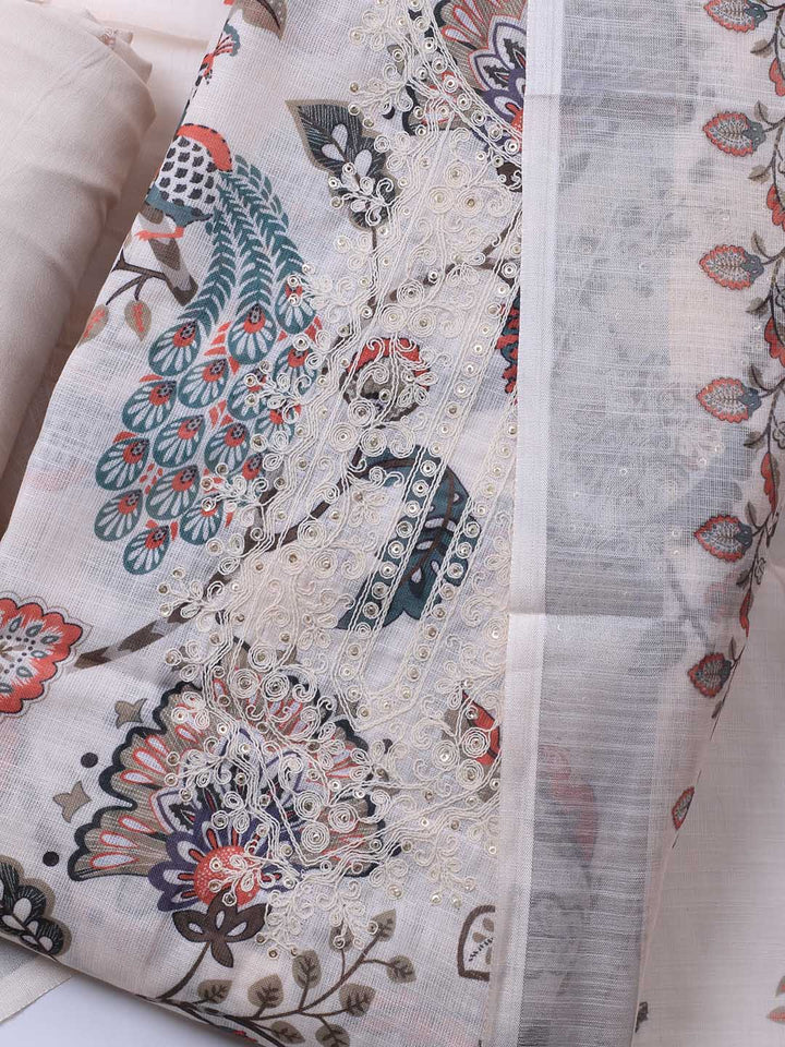 Patch Neck Linen Unstitched Suit Piece With Dupatta