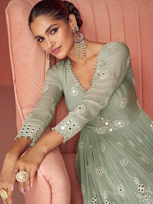 Zari Embroidered Sequin Georgette Kurta With Palazzo And Dupatta