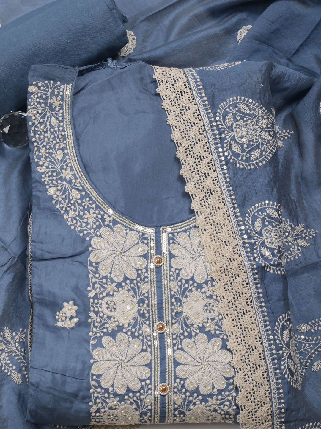 Thread Embroidery Cotton Blend Unstitched Suit With Dupatta