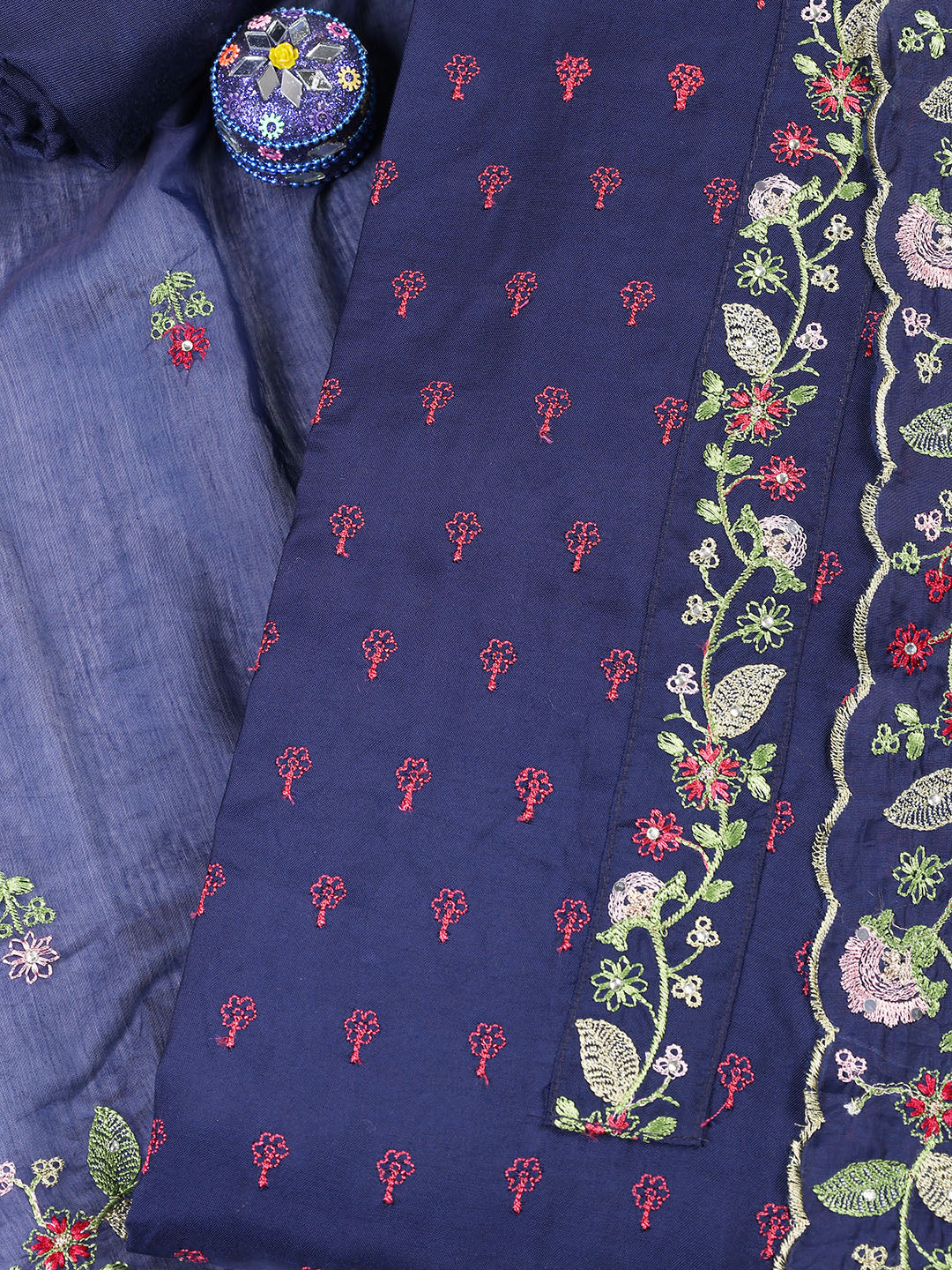 Neck Embroidered Cotton Blend Unstitched Suit With Dupatta